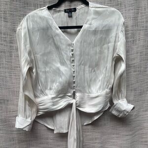 Crop silky top, front tie cream dress blouse